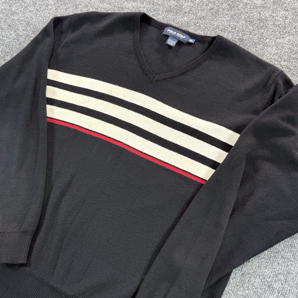 Polo Golf Ralph Lauren Sweater Mens XXL Black Cotton V-Neck Striped Pullover